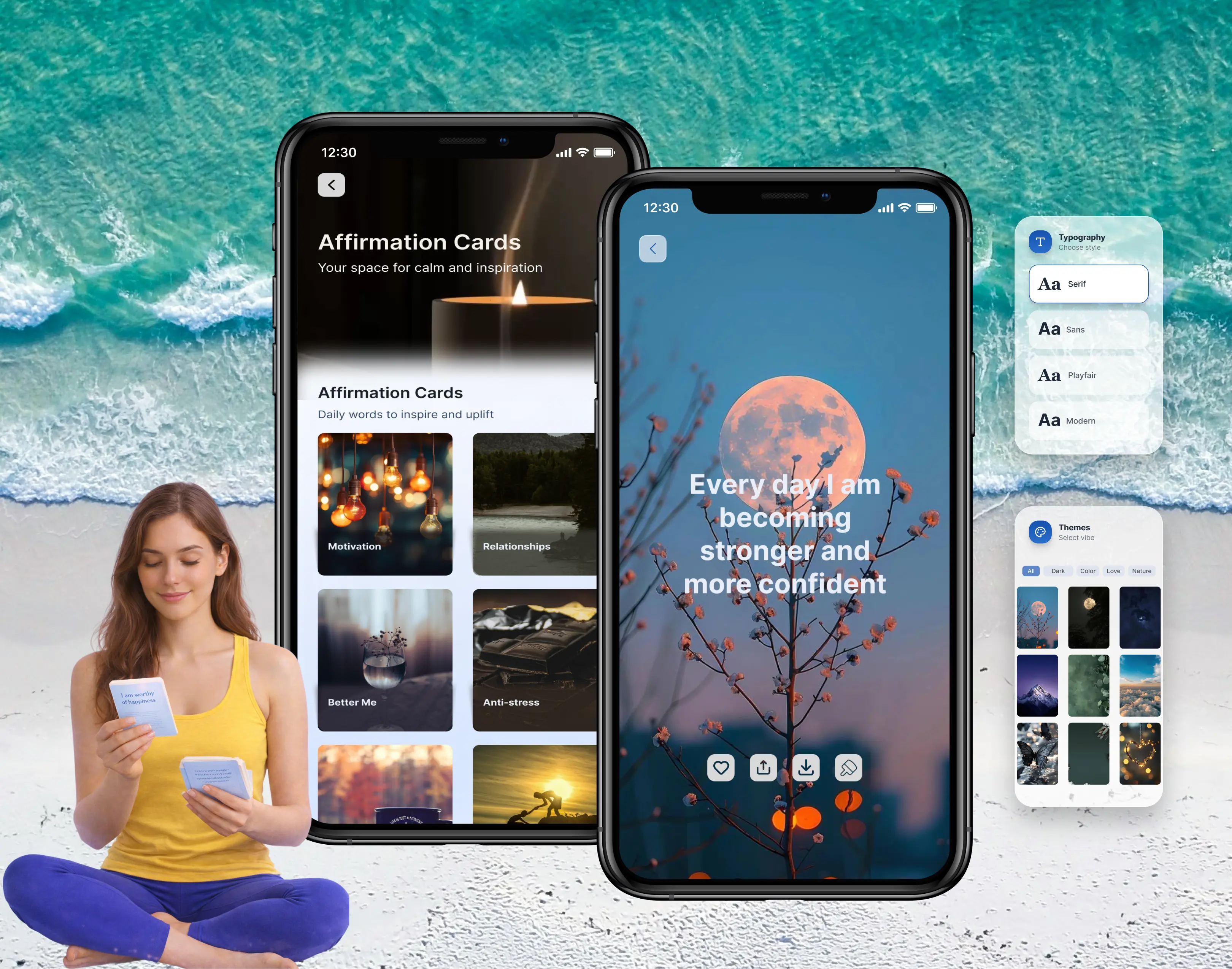 Marketing screenshot: Daily Positive Affirmations / Create Your Calm Style (Themes & Typography)