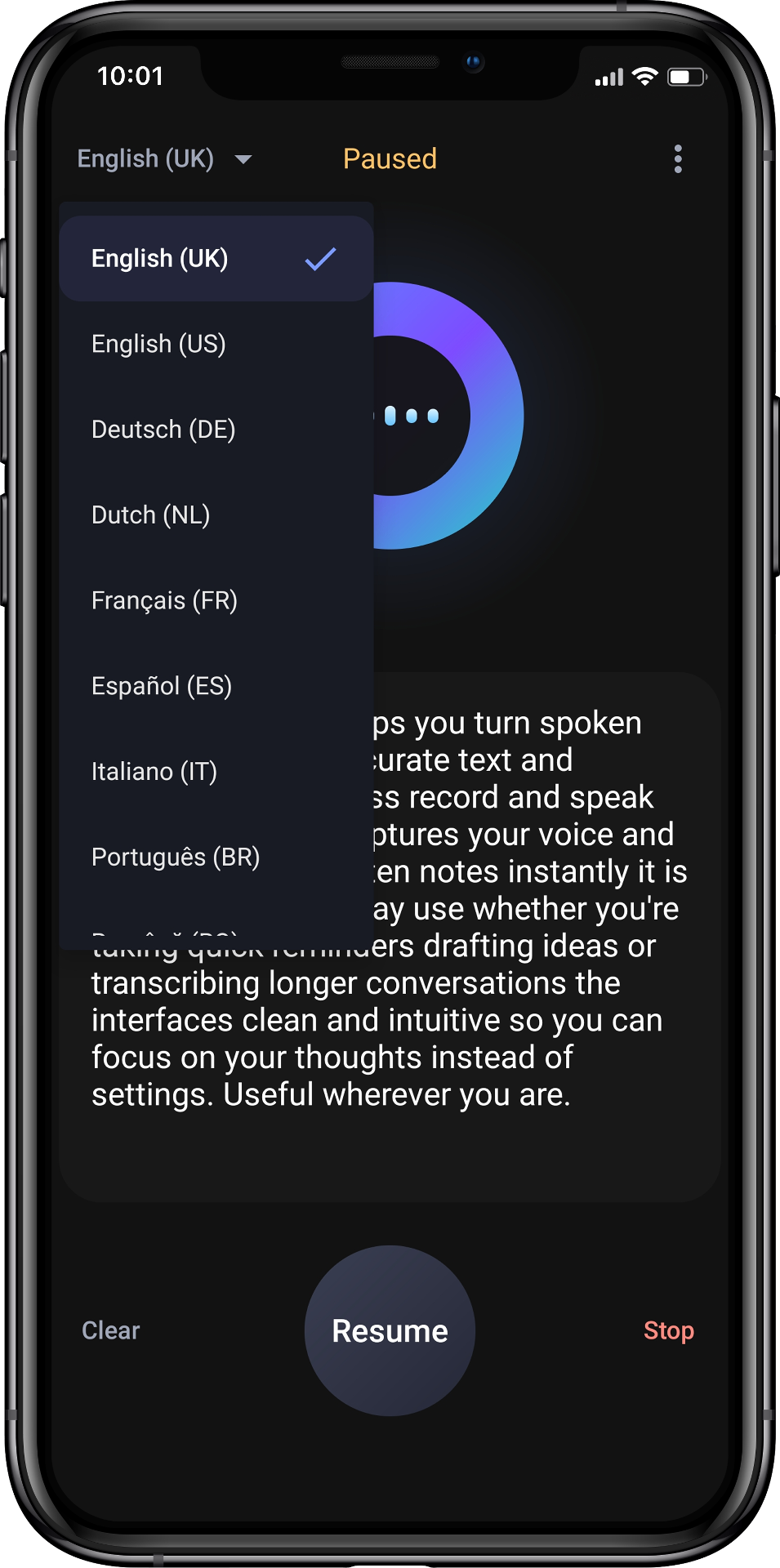 Voice Transcribe app on device